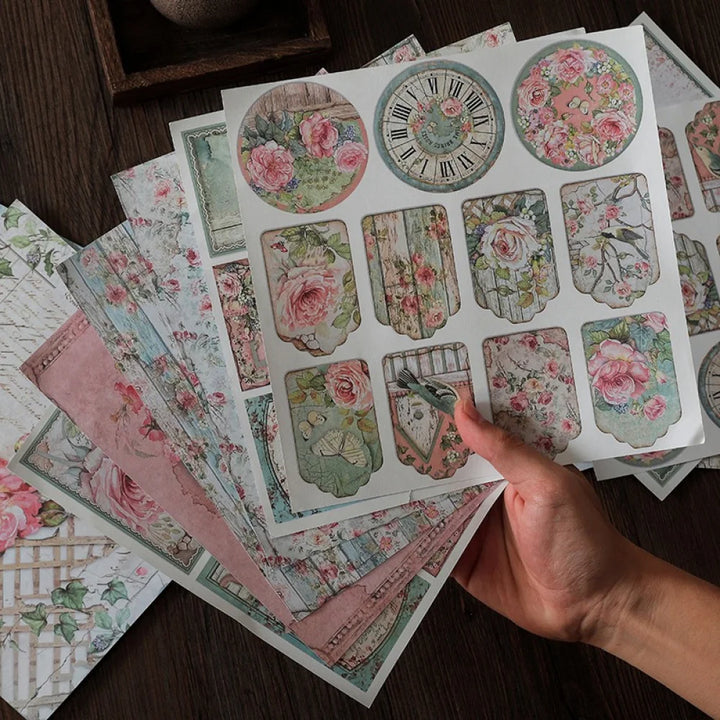12 Sheets Vintage Rose Garden Scrapbook Paper – Floral & Bird Designs