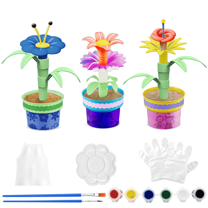 3 Pack Artificial Potted Flowers, Realistic Flower Pots with Paint Set, DIY Flower Craft Kit for Kids Gift Home Office Decoration Desktop Decor (31 Pcs)