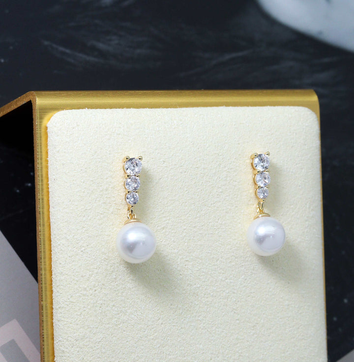 Gold CZ Pearl Dangle Earrings – Bridal Jewelry