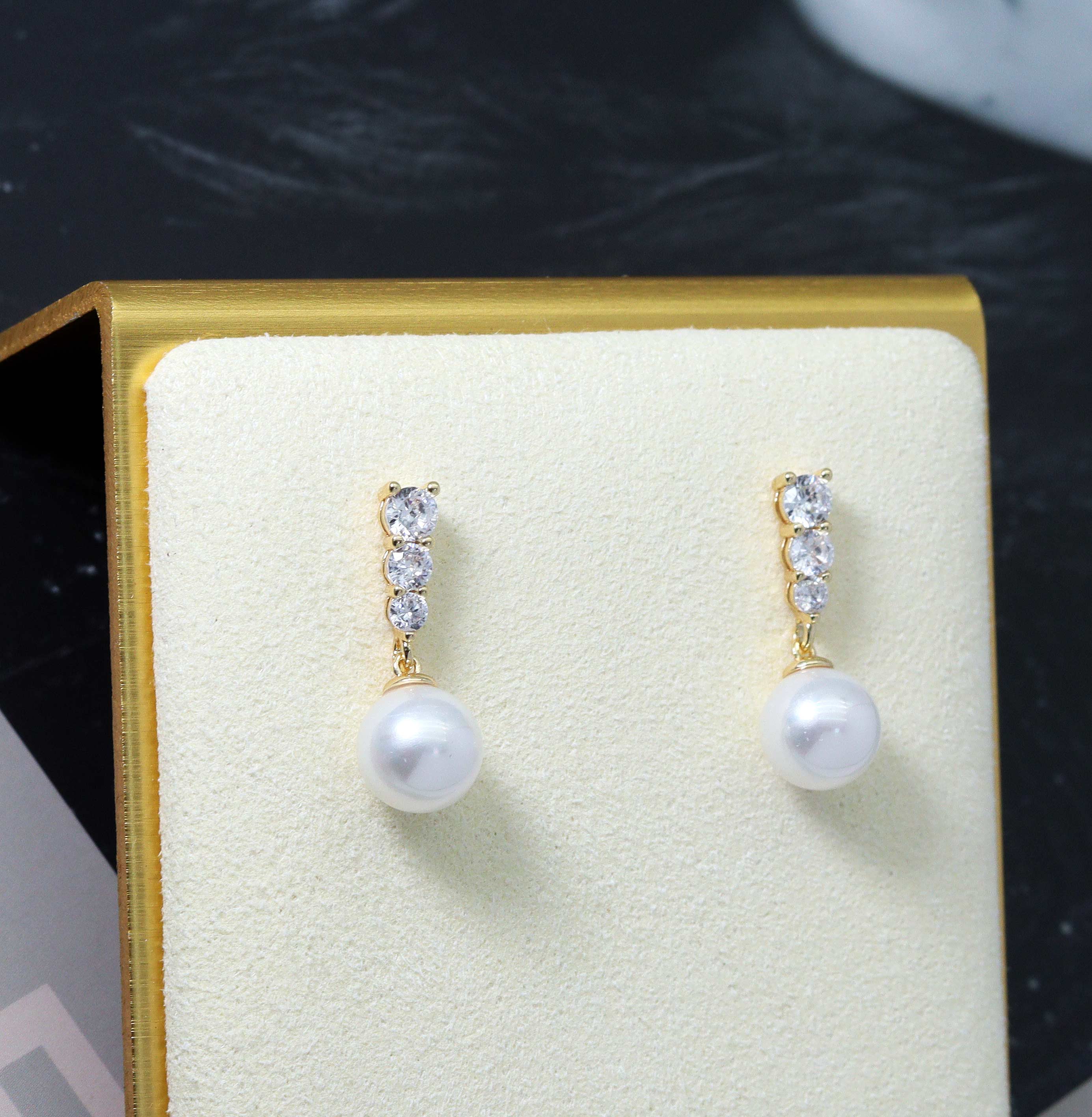 Gold CZ Pearl Dangle Earrings – Bridal Jewelry