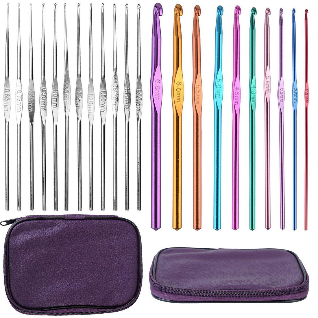 22Pcs Multi-Color Crochet Hook Needles Aluminum Handle Hand Knitting Craft Art Tools Weave Yarn Set 0.6mm-6.5mm w/ Storage Case