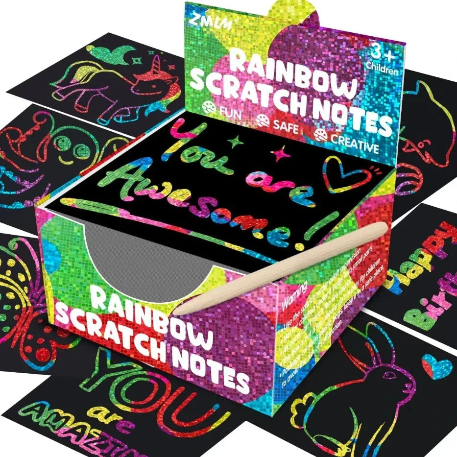 100PCS Rainbow Scratch Art Kit - Non-Toxic Craft Set with Wooden Stylus for Kids Ages 5-12