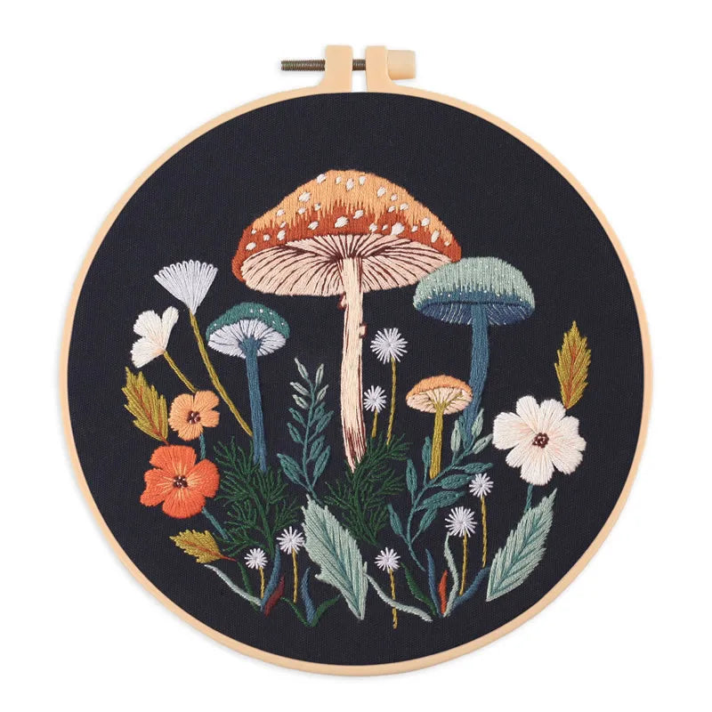 Mushroom & Flower Embroidery Kit – Stamped Black Cloth