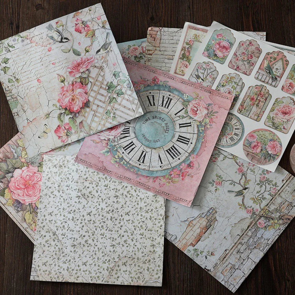 12 Sheets Vintage Rose Garden Scrapbook Paper – Floral & Bird Designs