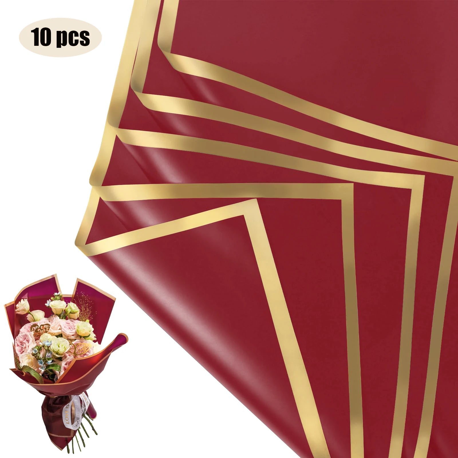 10 Sheets Waterproof Flower Wrapping Paper with Gold Edges
