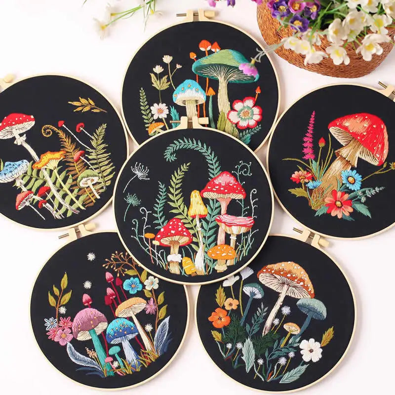 Mushroom & Flower Embroidery Kit – Stamped Black Cloth