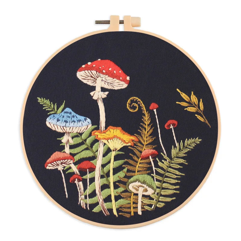 Mushroom & Flower Embroidery Kit – Stamped Black Cloth