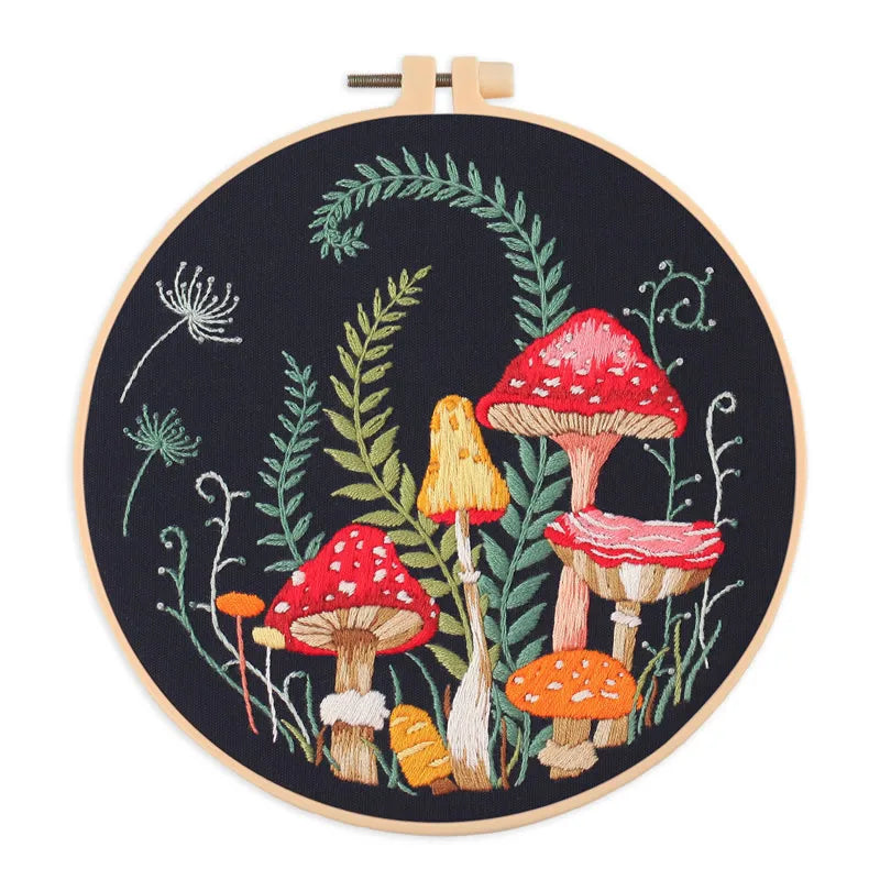 Mushroom & Flower Embroidery Kit – Stamped Black Cloth