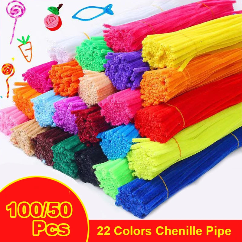 50/100-Piece Chenille Stem Set – 22 Colors, 6mm x 12in  Bullet Point Description: