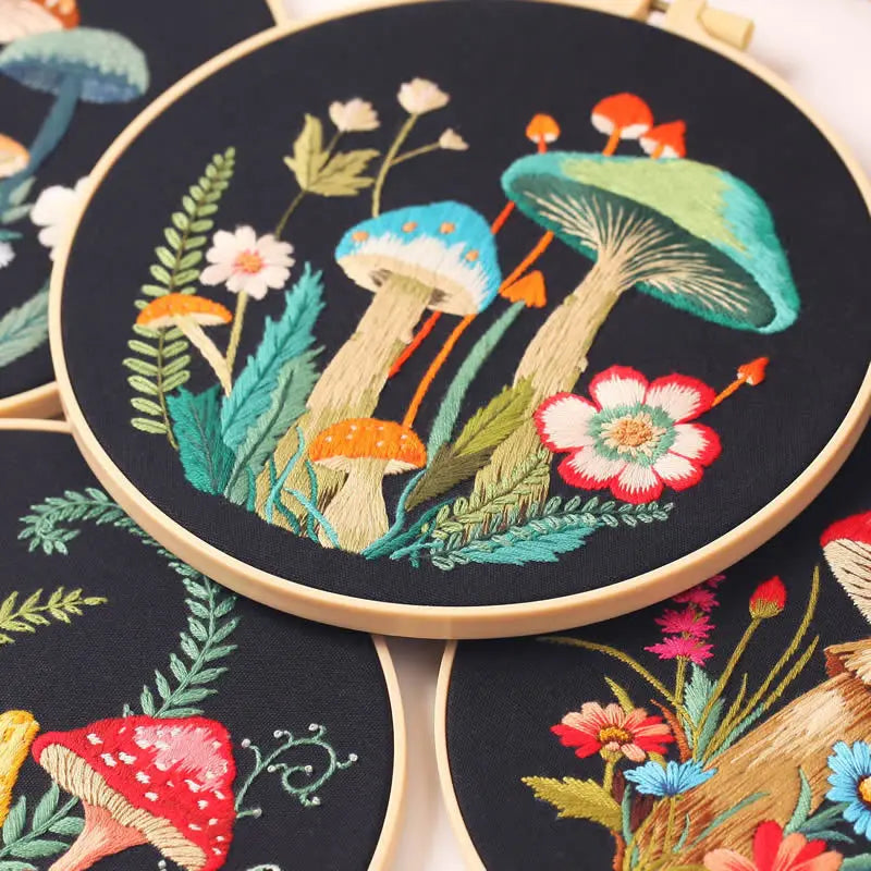 Mushroom & Flower Embroidery Kit – Stamped Black Cloth