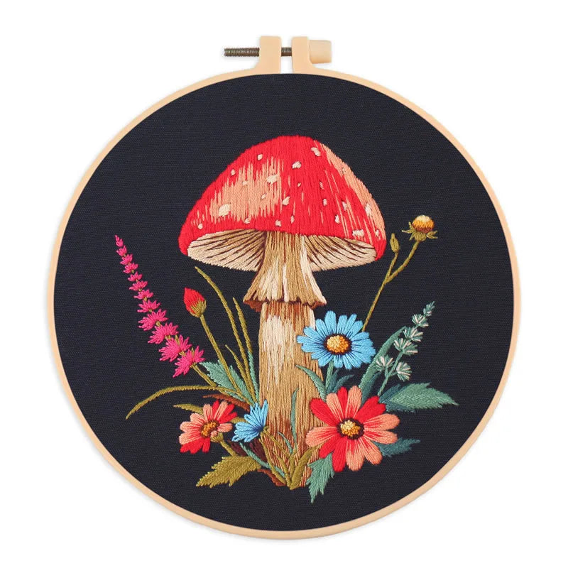 Mushroom & Flower Embroidery Kit – Stamped Black Cloth