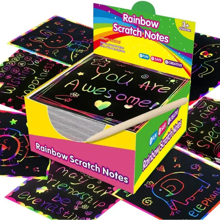 100PCS Rainbow Scratch Art Kit - Non-Toxic Craft Set with Wooden Stylus for Kids Ages 5-12