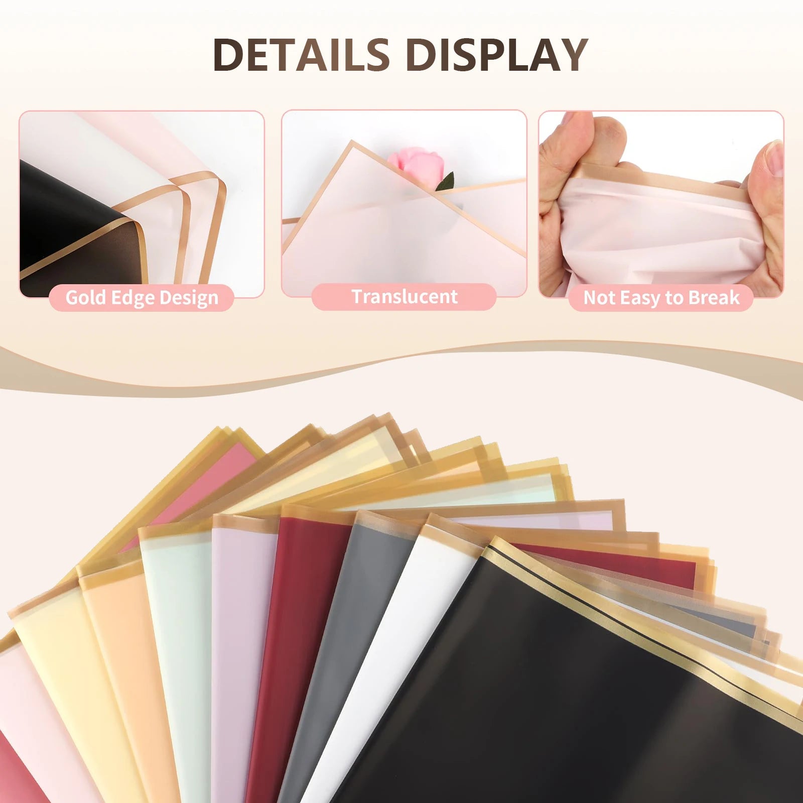 10 Sheets Waterproof Flower Wrapping Paper with Gold Edges