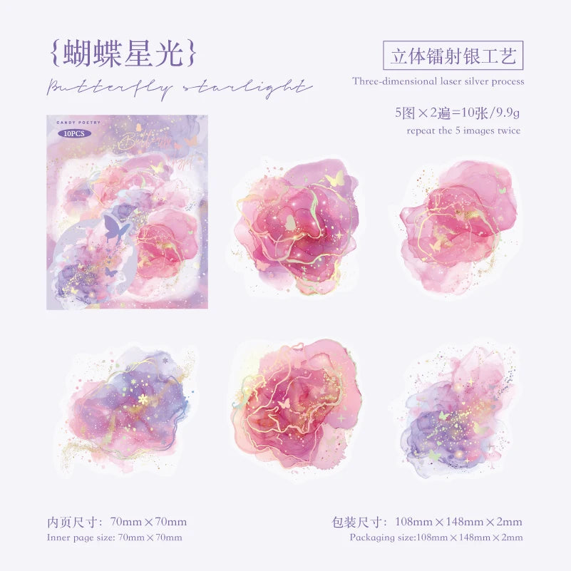 10-Piece PET Floral Stickers – Color Blending Series