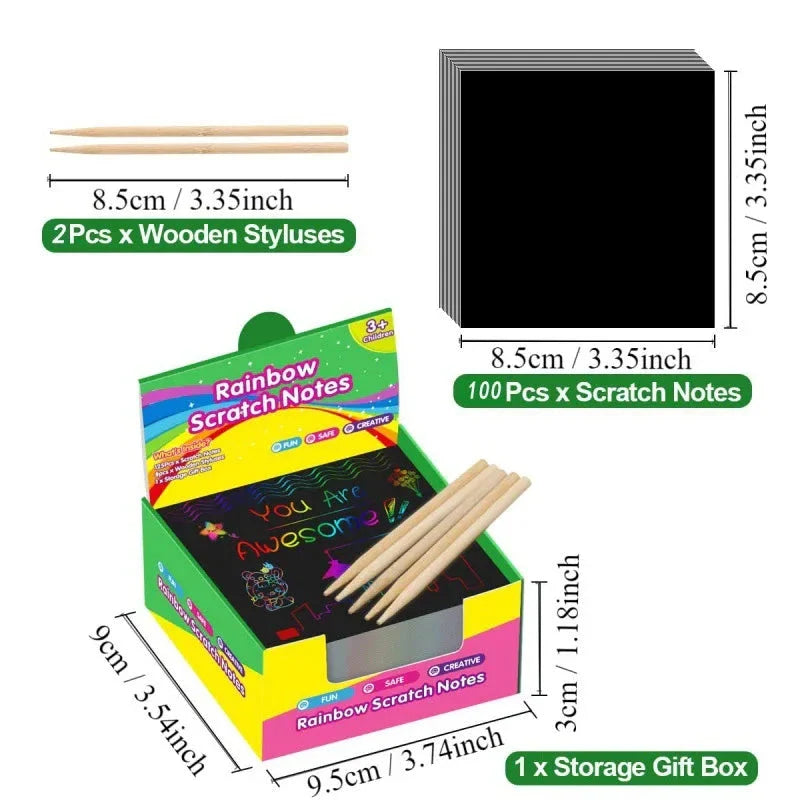 100PCS Rainbow Scratch Art Kit - Non-Toxic Craft Set with Wooden Stylus for Kids Ages 5-12