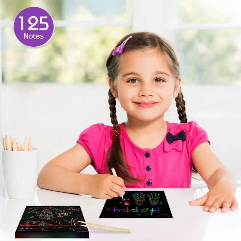 100PCS Rainbow Scratch Art Kit - Non-Toxic Craft Set with Wooden Stylus for Kids Ages 5-12