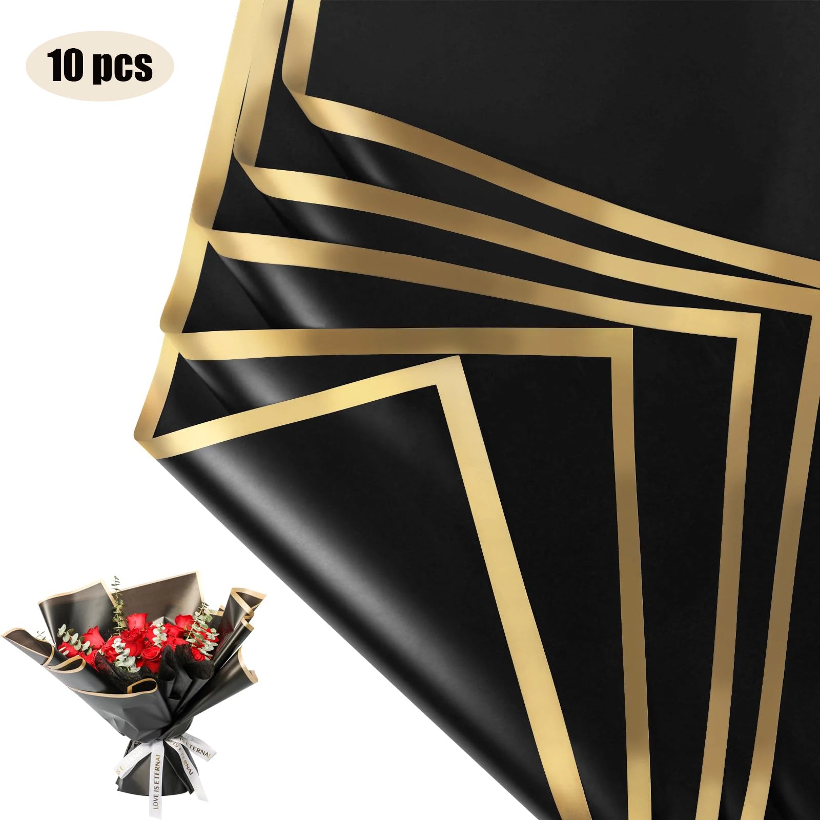 10 Sheets Waterproof Flower Wrapping Paper with Gold Edges