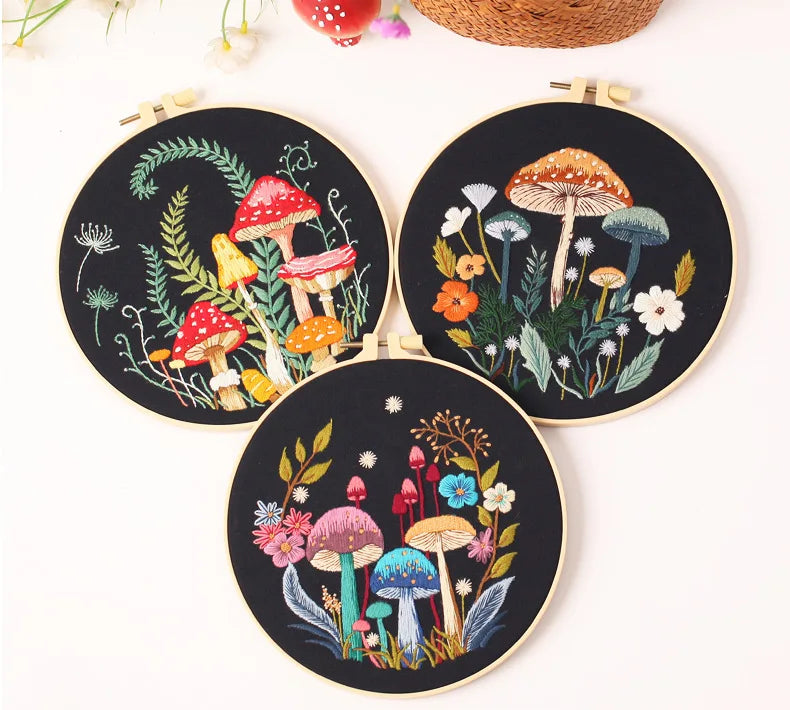 Mushroom & Flower Embroidery Kit – Stamped Black Cloth