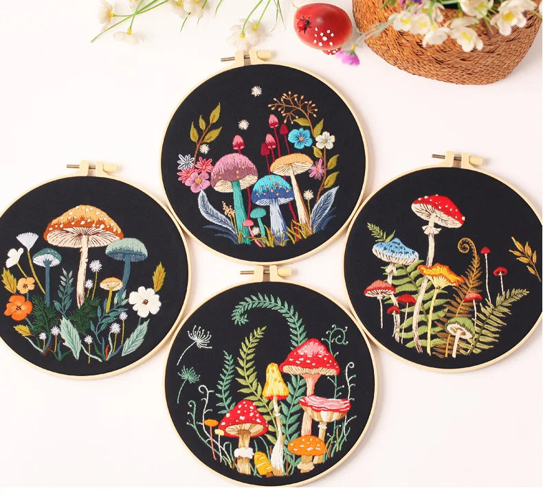 Mushroom & Flower Embroidery Kit – Stamped Black Cloth