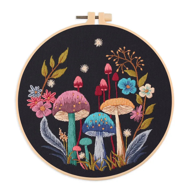 Mushroom & Flower Embroidery Kit – Stamped Black Cloth