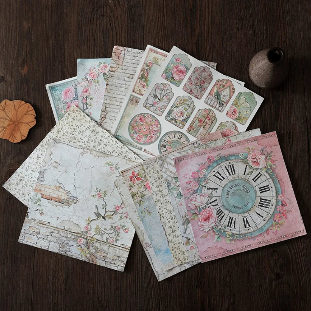 12 Sheets Vintage Rose Garden Scrapbook Paper – Floral & Bird Designs
