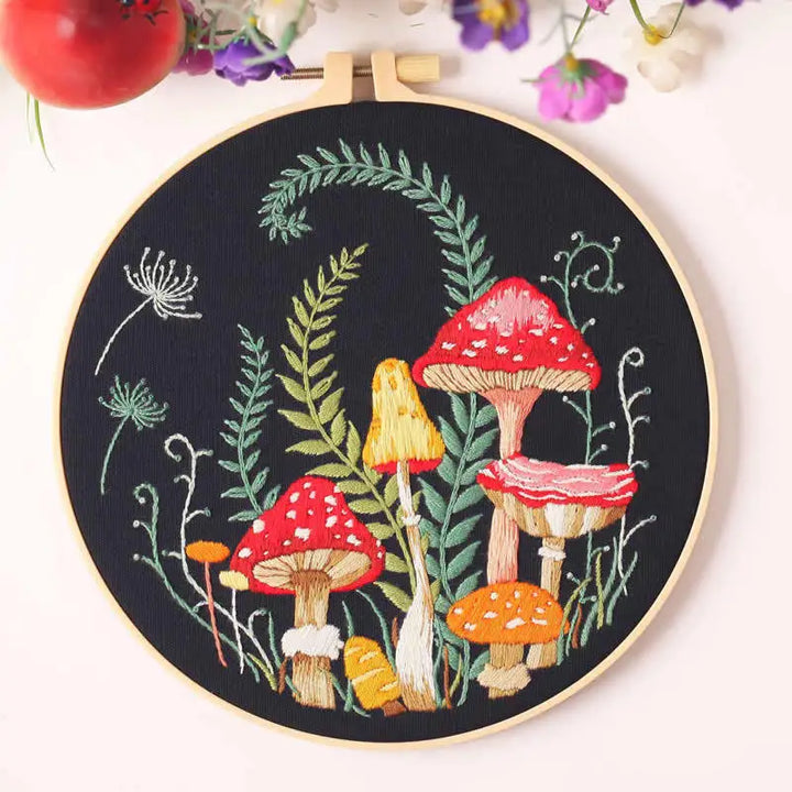 Mushroom & Flower Embroidery Kit – Stamped Black Cloth