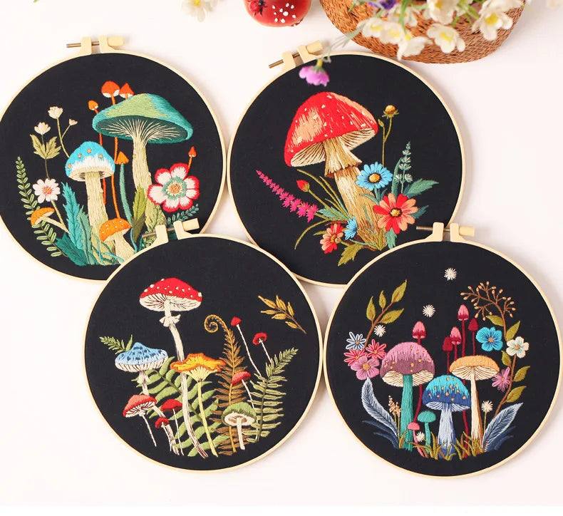 Mushroom & Flower Embroidery Kit – Stamped Black Cloth