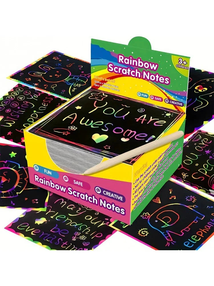 100PCS Rainbow Scratch Art Kit - Non-Toxic Craft Set with Wooden Stylus for Kids Ages 5-12