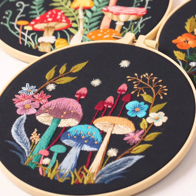 Mushroom & Flower Embroidery Kit – Stamped Black Cloth