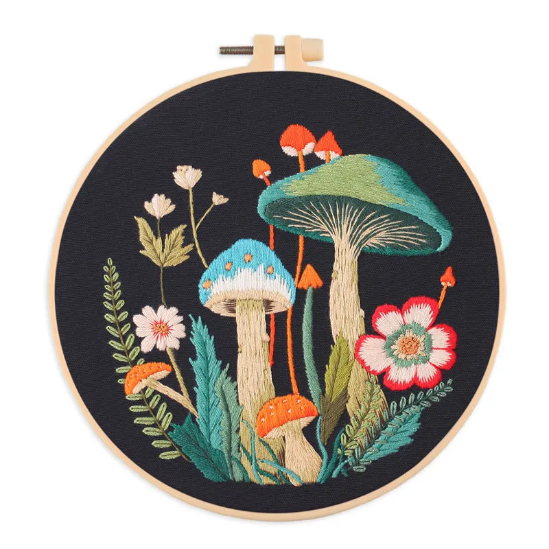 Mushroom & Flower Embroidery Kit – Stamped Black Cloth