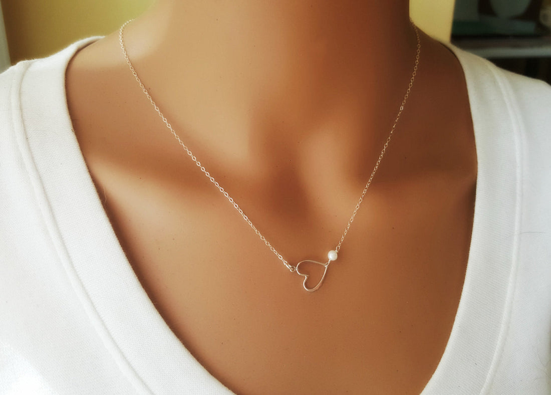 Sideways Heart Necklace with Freshwater Pearl – Sterling Silver Jewelry