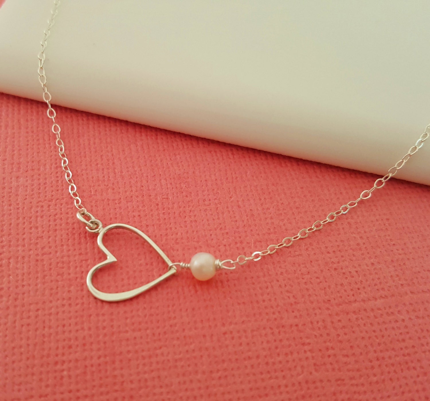 Sideways Heart Necklace with Freshwater Pearl – Sterling Silver Jewelry