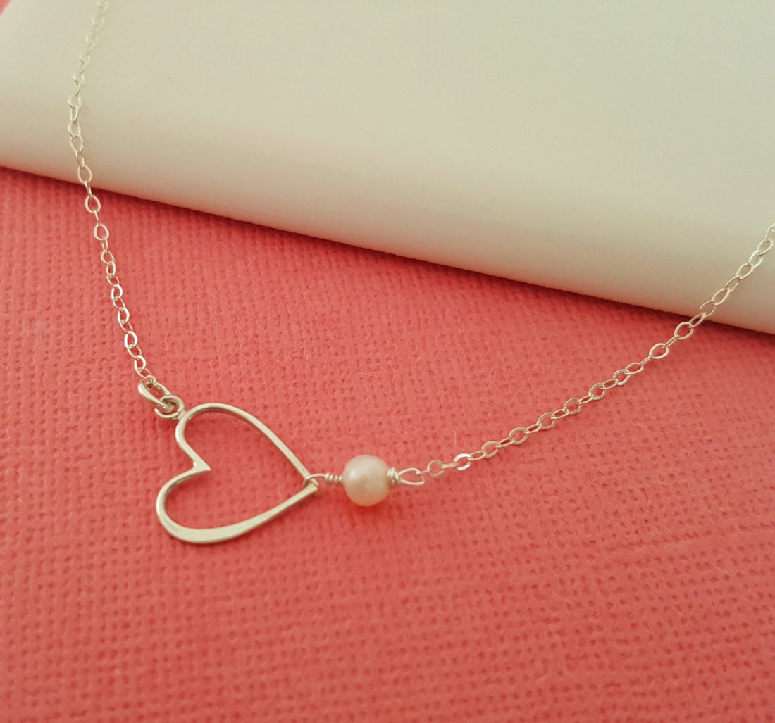 Sideways Heart Necklace with Freshwater Pearl – Sterling Silver Jewelry