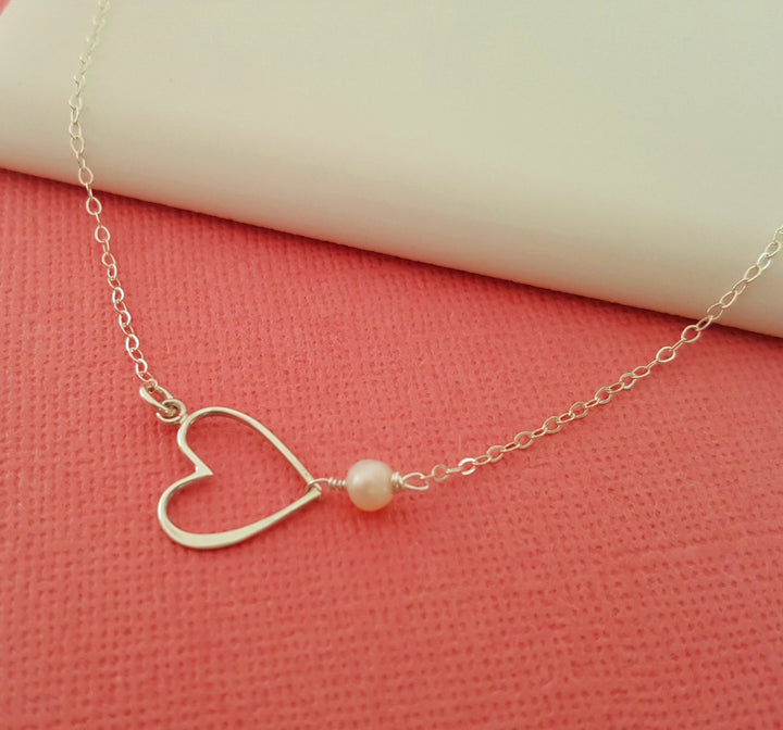 Sideways Heart Necklace with Freshwater Pearl – Sterling Silver Jewelry