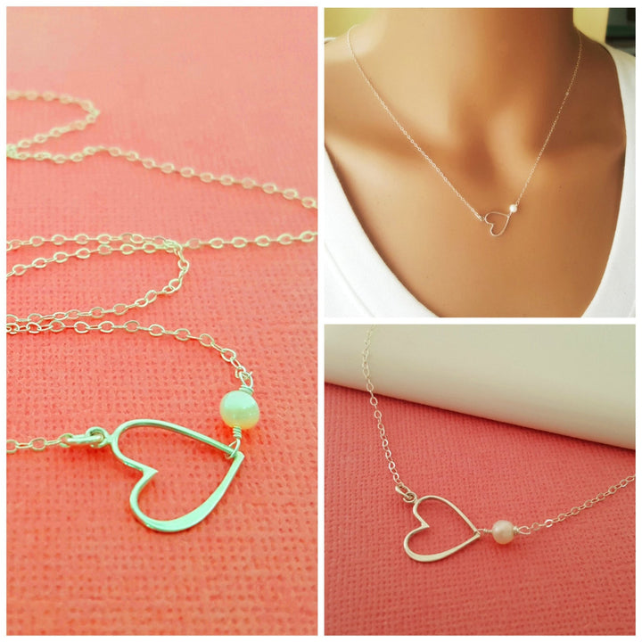 Sideways Heart Necklace with Freshwater Pearl – Sterling Silver Jewelry