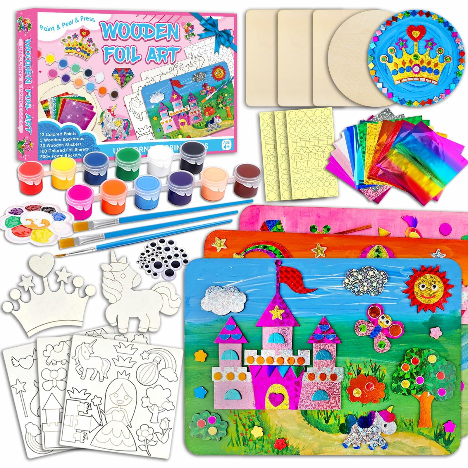 Wooden Foil Art Crafts DIY Unicorn & Princess Painting Kit for Kids Ages 5-12