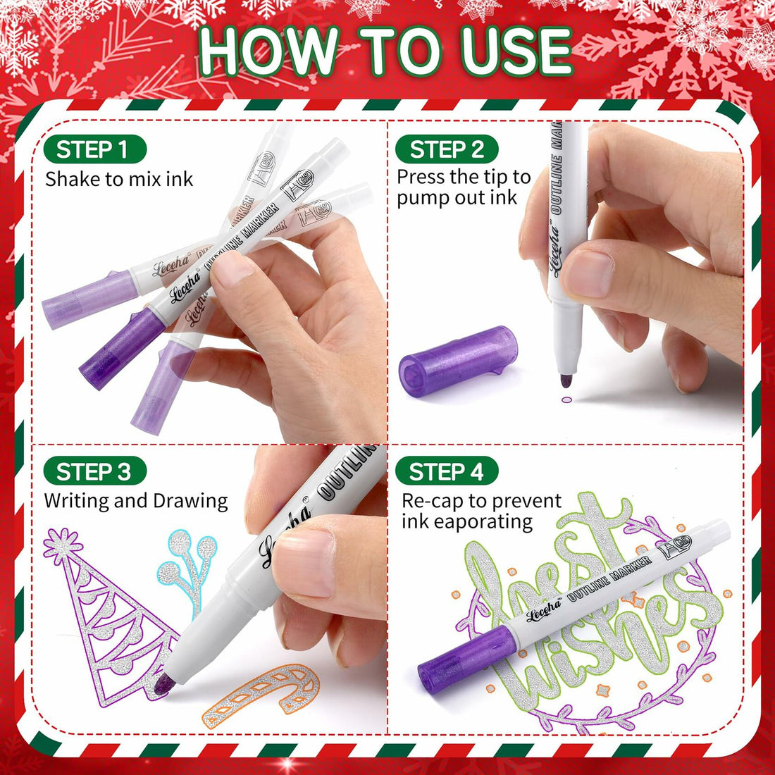 Leceha Metallic Glitter Outline Markers Pens 12 Colors Drawing Kids Teens