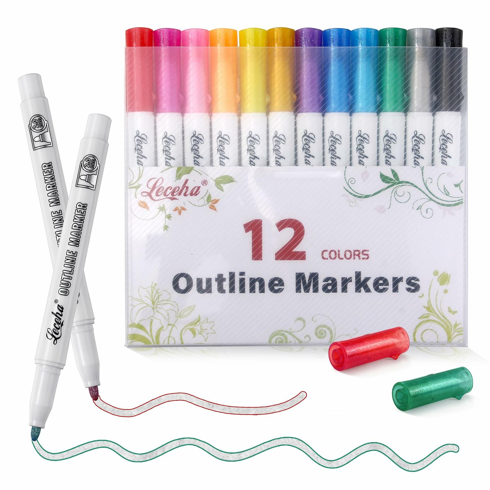 Leceha Metallic Glitter Outline Markers Pens 12 Colors Drawing Kids Teens