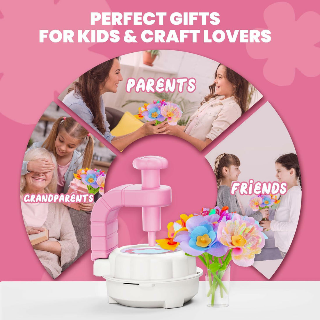 windpaint Arts and Crafts DIY Fabric Flower Bouquet Kit for Kids Pink