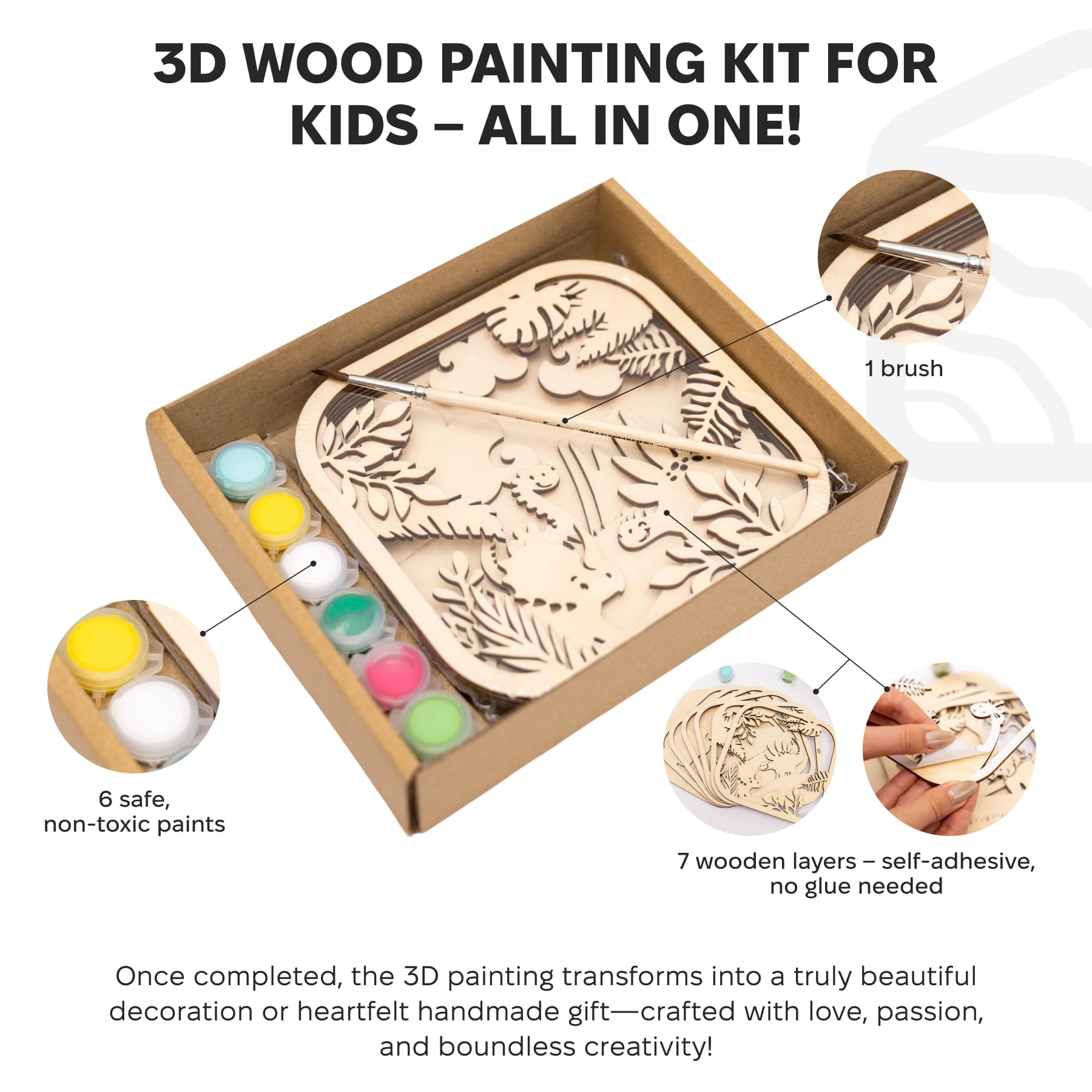 3D DIY Wood Painting Kit for Kids – Dino