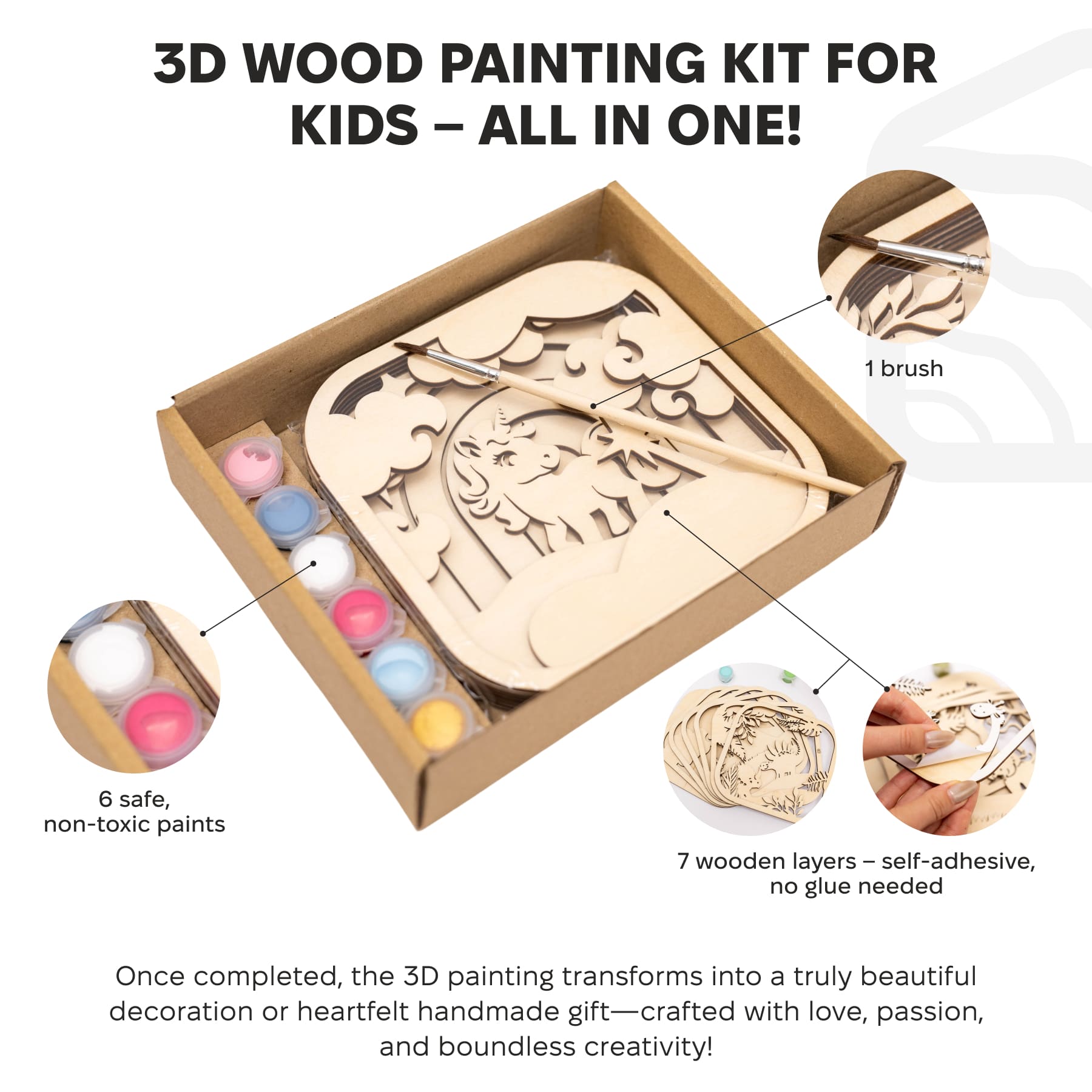 3D DIY Wood Painting Kit for Kids – Unicorn